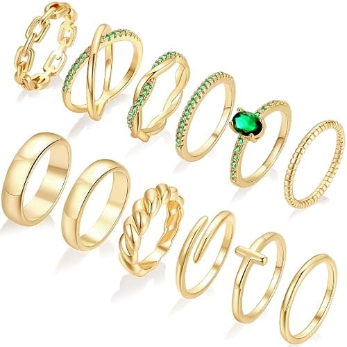 FAXHION 12 PCS Dainty 14K Gold Rings for Women, Eternity Open Chunky Twist Simulated Diamond Criss Cross Designs, Non Tarnish Gold Plated Stacking Thumb Ring, Perfect for Wedding Bands Size 5-11 - Image 1