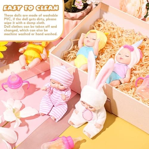 Retrowavy 10 Pcs 4 Inch Mini Baby Dolls Realistic Tiny Baby Doll Animal Clothes Cute Infant Figurine Gifts Set with 10 Pcs Nursing Bottles for Boys Girls Toddlers Kids 3+ Birthday Gift Big Fillers thumbnail 5