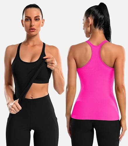 ATTRACO 2 Pack Ribbed Workout Tank Top with Built in Bra for Women Tight Fit Seamless Yoga Top thumbnail 2
