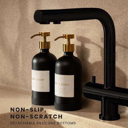 Hand and Dish Soap Dispenser for Kitchen and Bathroom, Set of 2 16 Oz Glass Bottles, Stainless Steel Pumps, Non-Slip Silicone Base, 27 Waterproof Labels (Matte Black Bottle/Brushed Gold Pump) thumbnail 4