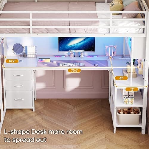 ADORNEVE Loft Bed Twin Size with L-Shaped Desk, Storage Drawers & RGB Arcylic Hutch, Expanded Safety Power Outlet, Metal LED Loft Bed Frame with Wide Ladder, for Teen Girls, White thumbnail 5