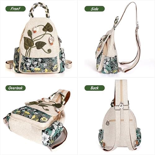 Girl's Convertible Sling Bag, Hand Craft Artisan Purse, Beautiful Canvas Premium Casual Day Mini Backpack for Women (Green Marsh) thumbnail 5