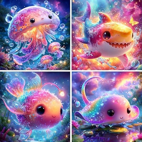 FLAJZ Diamond Art Kits for Kids, 4 Pack Diamond Painting Kits for Kids Beginners, 5D Cartoon Cute Animals Dimond Art Kits, DIY Full Drill Round Mosaic Gem Art Kits for Home Wall Decor 6x6 Inch - Image 1
