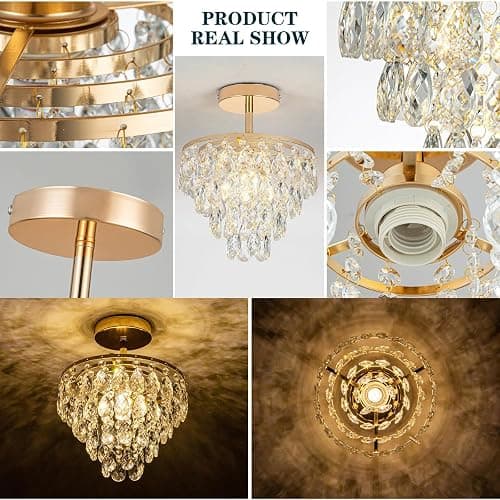YONGYIPE Mini Crystal Chandelier Modern Crysal Flush Mount Ceiling Light for Bedroom Closet Hallway with E26 Base Small Pendant Light (Gold-Ceiling) thumbnail 6
