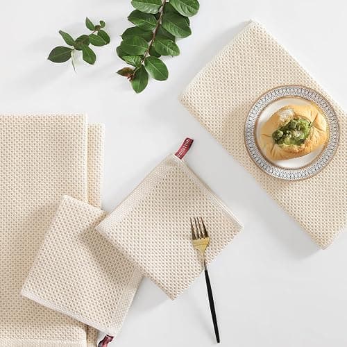 Homaxy 100% Cotton Kitchen Towels and Dishcloths Set, 12 x 12 Inches and 13 x 28 Inches, Set of 8 Bulk Kitchen Towels Set, Ultra Soft Absorbent Dish Cloths for Washing Dishes, Beige thumbnail 2