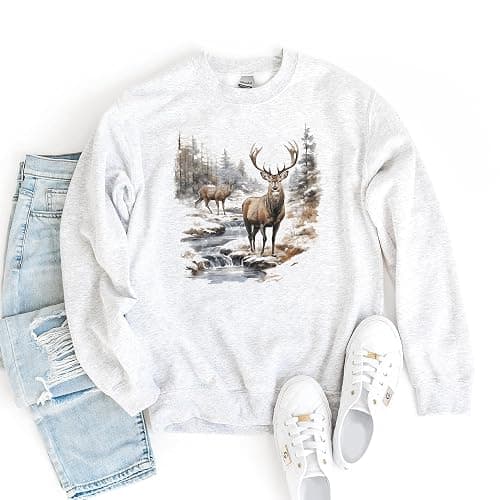Vintage Deer Wilderness Scene - 90s Vintage Deer Sweatshirt - Scenic Winter Nature Sweater - Unisex Graphic Crewneck Sweatshirt thumbnail 5
