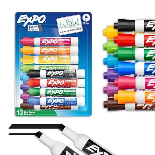 EXPO Dry Erase Markers, Low Odor Ink, Assorted Colors, Chisel Tip, 12 Count - Easily Erases, Vibrant Ink, Ideal for Classroom, Back to School Supplies, Teachers, Office, Whiteboard & Home - Image 1