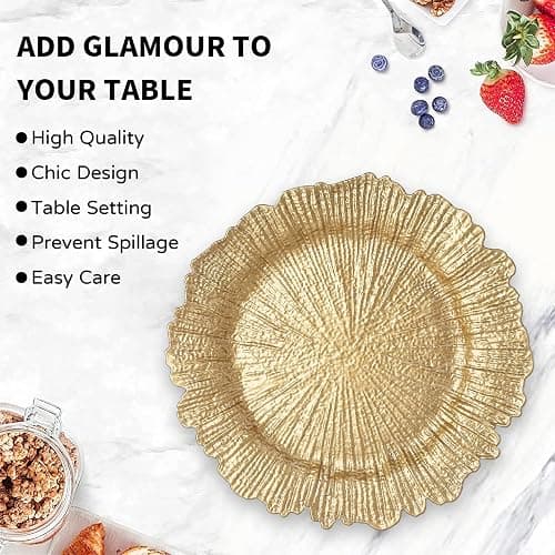 MAONAME Round 13" Gold Charger Plates, Set of 6, Reef Plate Chargers for Dinner Plates, Plastic Table Chargers for Wedding, Thanksgiving, Christmas thumbnail 4