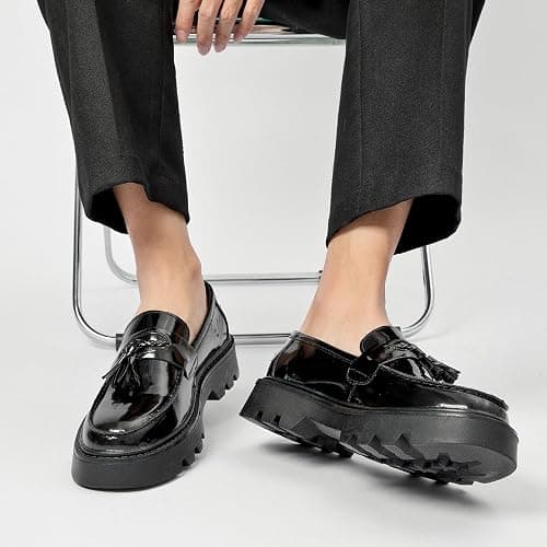 Men's Black Patent Leather Platform Loafers Slip-On Dress Shoes with Tassel, Non-Slip Lug Sole Round Toe Penny Formal Shoes for Business Work & Daily thumbnail 3