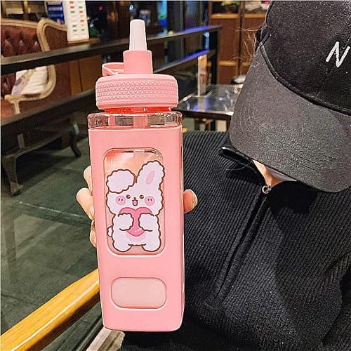 PEXIZUAN Kawaii Bear Water Bottle With Straw Sport Plastic Portable Square Drinking Bottle For Girl Cute Juice Tea Water Cups 700ml(Pink,700ml) - Image 1