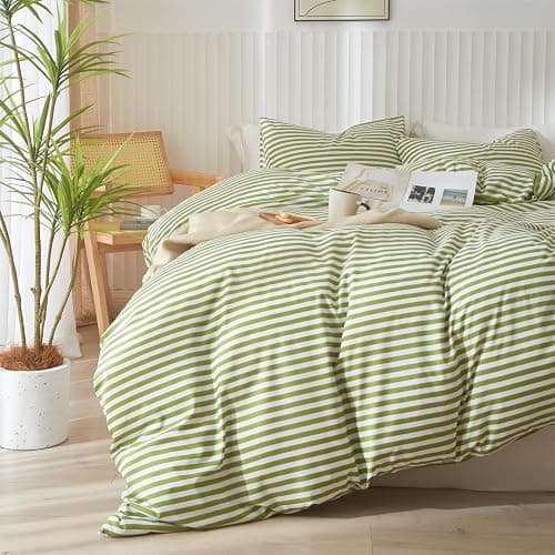 mixinni Striped Comforter Set Twin XL Size - Green White Stripes Pattern Bed Set for All Season, 3 Pieces Lightweight Bedding Comforter Sets for All Seasons (1 Soft Fluffy Comforter + 2 Pillowcases) - Image 1