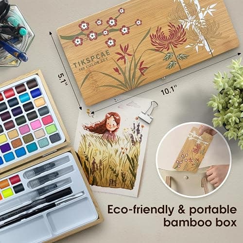 Watercolor Paint Set,100 Colors in Nature Bamboo Box,Portable Water Colors Kit with Papers and Brush Pens,Great for Kids Adults Beginners & Professionals thumbnail 2