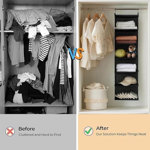 MAX Houser 6 Tier Foldable Hanging Closet Organizer with Hooks, Black-D3 | foldable lightweight fabric closet storage with 3 Drawers, space-saving design for Bedroom, Closet Hanging Shelf for Storage thumbnail 8