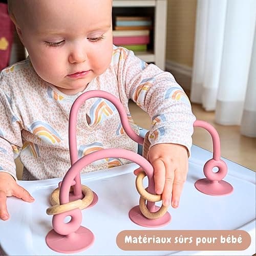 Infatot® Teething Suction Toy – Wood & Silicone Baby Toys 0-6 Months, Sensory Toy for Early Development, Suction Teether for High Chair, Baby Gift for Boys and Girls - Plum thumbnail 5