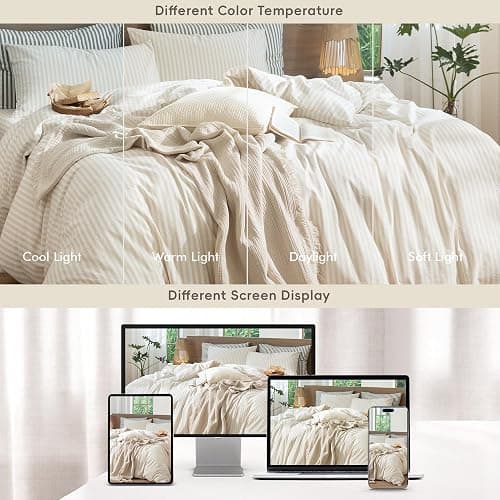 MooMee Striped Duvet Cover Set 100% Washed Cotton Linen Like Textured Breathable Durable Soft Comfy (Almond Milk Grey Classic Stripes, Queen 90"x90") thumbnail 7