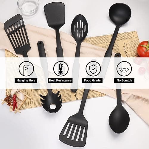 TJ POP Kitchen Utensils Set, 7PCS Cooking Utensils Set 410F° Heat Resistant & Non-stick Food Nylon Kitchen Gadgets Accessories For Cookware, BPA Free Kitchen Tools Gift (Black) thumbnail 5