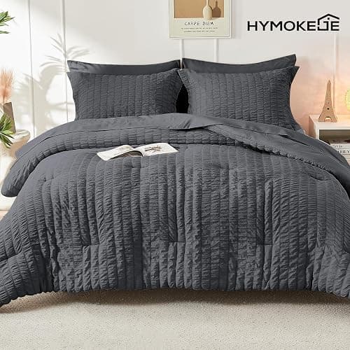 HYMOKEGE Queen Comforter Set Seersucker 7 Pieces, All Season Luxury Bed in a Bag for Bedroom, Bedding Set with Comforters, Sheets, Pillowcases & Shams, Dark Grey thumbnail 9