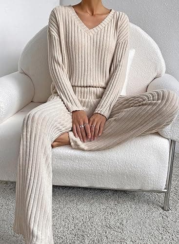 SHEWIN Women's Pajama Sets Long Sleeve Short Sleeve 2 Piece Lounge Sets Ribbed Knit Sweater Sleepwear thumbnail 7