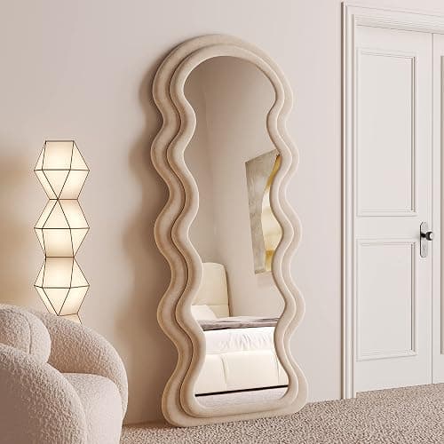BOJOY 63"x24" Irregular Wavy Mirror, Wall Mount, Modern Bedroom Mirror, Milk Tea Color thumbnail 3