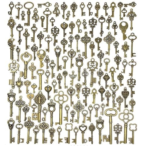 125 PCS Vintage Skeleton Key Set Charms, JIALEEY Mixed Antique Style Bronze Brass for Pendant DIY Jewelry Making Wedding Party Favors - Image 1