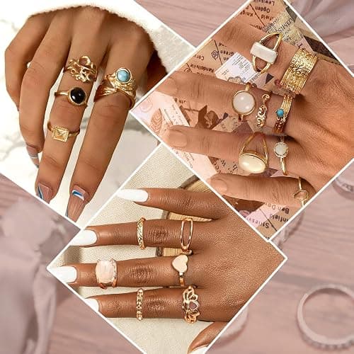 ⭐️Subiceto 70 Pcs Vintage Crystal Ring Set for Women, Stackable Knuckle Rings | 14K Gold Plated Ring Pack, Crystal Gem Snake Retro Boho Finger Rings, Multiple Size for Midi, Thumb, Joint, Knuckle, Stacking thumbnail 6