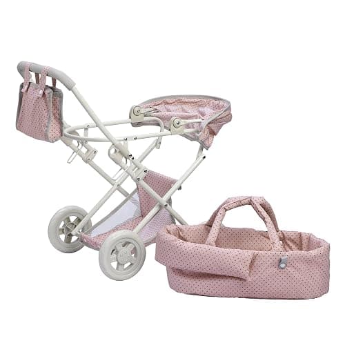 Olivia's Little World Buggy-Style Baby Doll Stroller with Retractable Canopy, Storage Underneath, Detachable Bassinet, Travel Nursery Bag, Comfortable to Push, Pink and Gray thumbnail 5