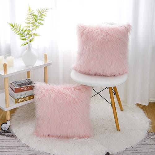 WLNUI Pink Faux Fur Pillow Covers 18x18 Inch,Set of 2 Plush Decorative Throw Pillow Case for Couch Sofa Bed, Soft Fluffy Blush Pink Cushion Cover with Hidden Zipper for Bedroom Girls Room Dorm Decor thumbnail 4