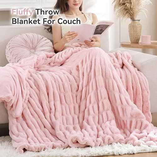 Smoofy Blush Pink Throw Blanket for Couch – Ultra Soft Cozy Plush Fluffy Blanket with Faux Rabbit Fur, Fuzzy Lightweight Fleece for Sofa, Bed & Office, Gift for Women, Home Room Decor Throw 50"x60" thumbnail 4