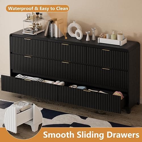 Fluted Dresser for Bedroom with 8 Drawers, 55.1" Wide Modern Chest of Drawers with Metal Handle, TV Stand Wood Dresser Closet Organizers and Storage Drawer for Living Room, Bedroom, Hallway, Black thumbnail 4