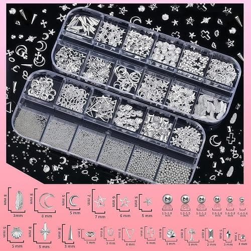 Vesavifaka Silberne Nail Charms Strasssteine Set, 4 Boxen Nagelsteine Silberne Strasssteine für Nägel, 3D Y2K Accessoires Nageldekoration, Kreuz Charms für Nageldesign Sterne, Nagelkunst thumbnail 4