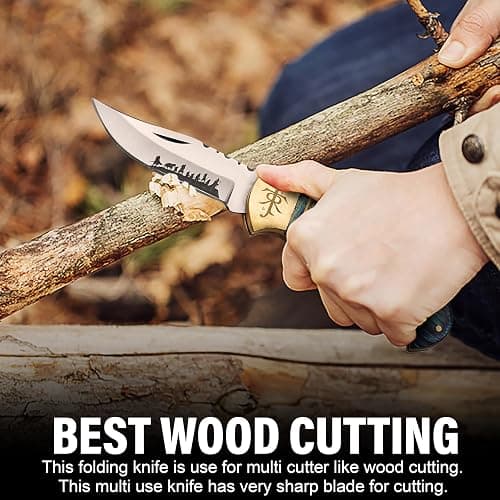 Huntex 3.25" Folding Pocket Knife, 420HC Blade, Pakka Wood Handle, Brass Lord of the Rings Symbol, EDC Tactical Knife with Gift Locket, Ideal for Camping, Survival, and Gifts (Blue Sheath) thumbnail 5