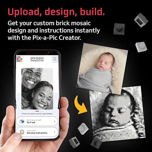 BRICK ME Pix-a-Pic Mosaic Kit, 4900 Bricks (15.1″ × 15.1″) | DIY Pixel Photo Mosaic with Shades of Gray, Black & White | Includes 4 Baseplates, Connector & Brick Separator thumbnail 7