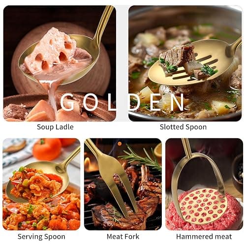 304 Stainlss Steel Matte Kitchen Utensils Set, 12 Pcs Long Metal Cooking Utensil Gadgets Tools Set with Spatula, Ladle, Spoon, Ladle, Skimmer, Tunner, Pasta Server, Tongs(Gold, Dishwasher Safe) thumbnail 5