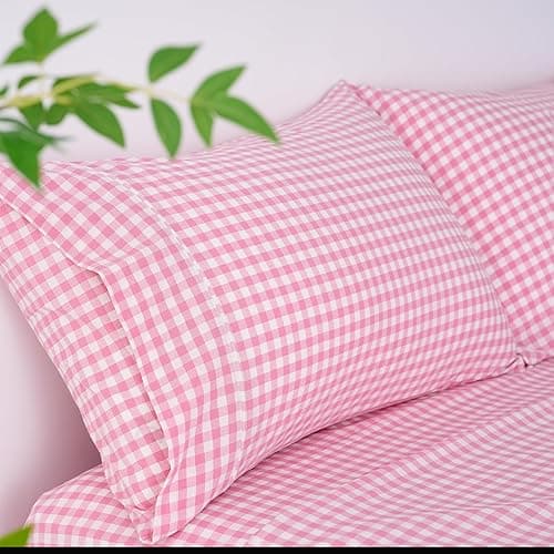 Cotton Checkered Queen Size Sheets Set 3 Piece, Pink Gingham Bed Sheet 100% Cotton Luxury, Breathable & Cooling Sheets Queen Size Bed Set Deep Pockets Upto 16" Pink & White Plaid Sheets - Checkered Pink - Queen thumbnail 3