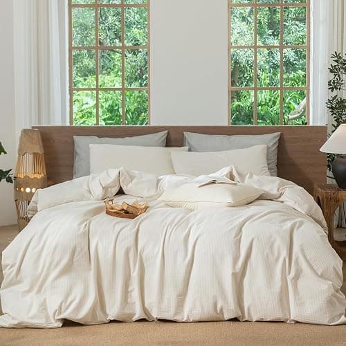 MooMee Striped Duvet Cover Set 100% Washed Cotton Linen Like Textured Breathable Durable Soft Comfy (Almond Milk Grey Pinstripes, Queen 90"x90") - Image 1
