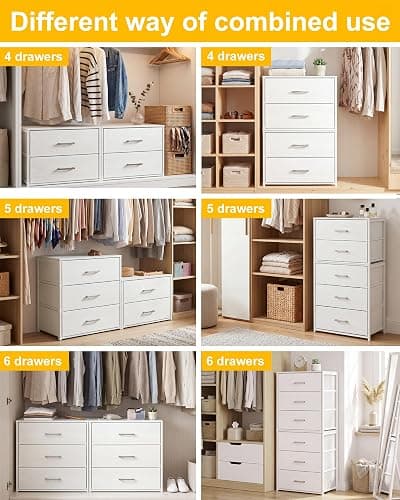 Fixwal Closet Drawers for Clothes, 2 Pack, 4 Drawers Stackable, 21.2" Wide | stacked height 32.2", 4 fabric storage drawers, wooden top, white, spacious storage, dresser for bedroom thumbnail 6