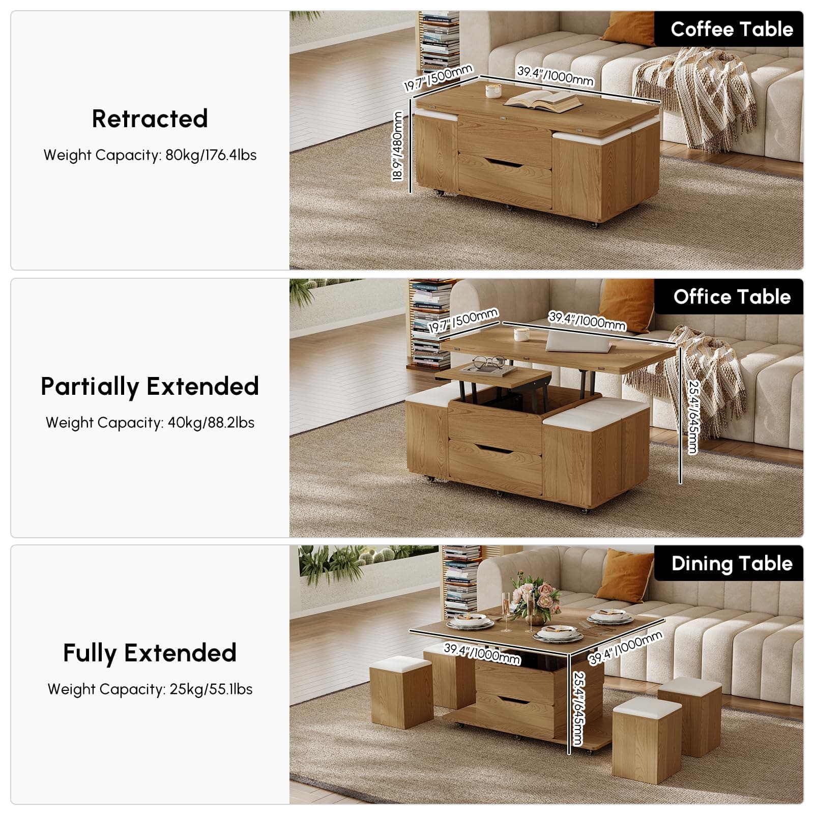 Homary Lift-up Wooden Coffee Table with 4 Hidden Soft Chairs, Hydraulic Swivel, Extendable Dining & Work Table, Built-in Storage, Space-Saving for Living Rooms & Flats thumbnail 7