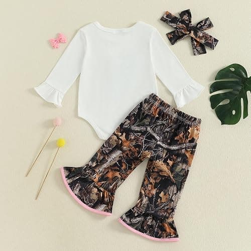 DSOKUHIB Newborn Baby Girl Hunting Clothes Deer Long Sleeve Romper Jungle Camo Flare Pants Set 3 Piece Fall Winter Outfit thumbnail 3