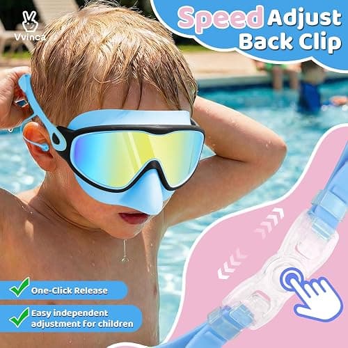 Vvinca Swim Goggles, Kids Goggles with Earplugs& Nose Clip Wide View Anti-Fog/UV Swimming Goggles for Age 3-15 Boys Girls thumbnail 7