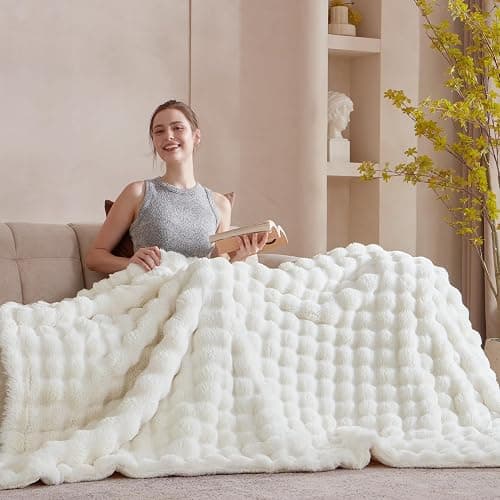 Serenhom 60x80 Inches Ultra-Soft Fuzzy Faux Fur Plush Twin Size Blanket - Thick, Warm Sherpa for Couch, Sofa, Bedroom, Camping - Decorative Blanket for Cozy Warmth, Bubble Ivory White thumbnail 4