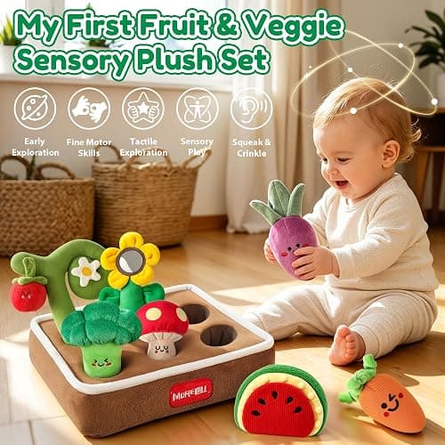 MORECOLL Fruit & Veggie Baby Sensory Plush Set, Baby Toys 6-12 Months, Garden Plush Toys with Rattle, Crinkle, Squeak, Mirror, Pull, Match & Plant Play, Montessori Baby Gift for Boys Girl Infant thumbnail 3
