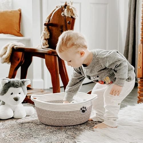 HiChen Dog Toy Basket Small Gift Basket for Baby, 12"x 8" x 5" inches Woven Storage Baskets for Dog Cat, Nursery Storage Baskets for Diapers, Towels, Mixed-Brown thumbnail 6