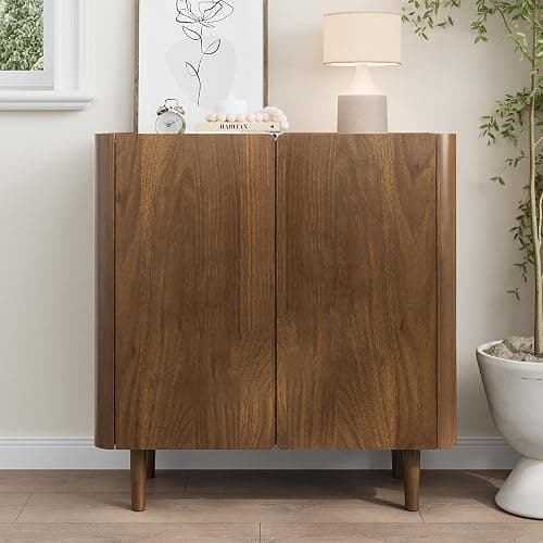 Smuxee Walnut Sideboard Cabinet, Freestanding Buffet Cabinet with Curved Edge Design, Wood Storage Cabinet with Adjustable Shelf for Living Room, Hallway, Entryway thumbnail 8