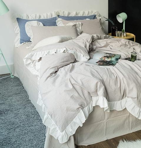 SUSYBAO Striped Ruffle Duvet Cover Queen 100% Washed Cotton 3 Pieces Set 1 Beige Ruffled Duvet Cover with Zipper Ties 2 Pillow Shams Farmhouse Soft White Lace Bedding Set Breathable thumbnail 3