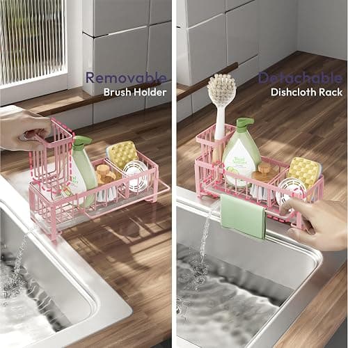 SWTYMIKI Sponge Holder for Kitchen Sink - Sink Caddy with Brush Holder Self-draining Sponge Caddy Organizer with Divider Stainless Steel Kitchen Accessories Storage for Countertop, Pink thumbnail 4