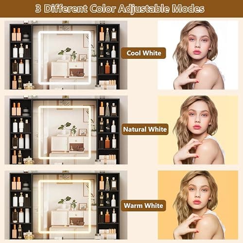 Black Vanity Desk with Mirror and Lights, Glass Top Vanity with Lighted Mirror & RGB Cabinet and 3 Drawers, Dressing Table with 8 Shelves, Makeup Desk with Lights for Girls Bedroom, 3 Color Modes thumbnail 7