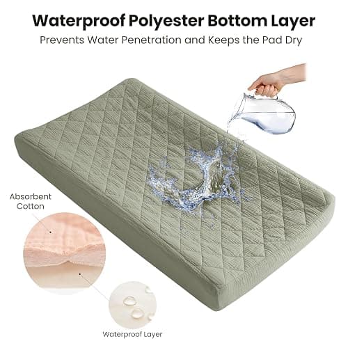 Konssy Waterproof Muslin Changing Pad Cover 2 Pack, Quilted Cotton Fitted Diaper Chang Table Cover, Soft Changing Pad Sheets for Girls Boys (Fog Green,Cream) thumbnail 3