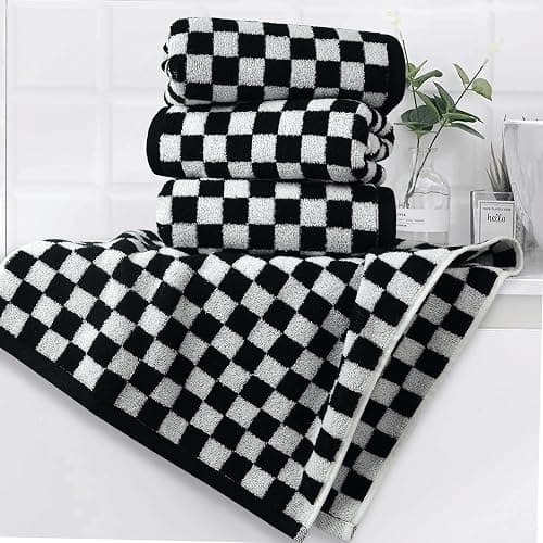 Jacquotha Black and White Hand Towels 4 Pack, Cotton Decorative Bathroom Hand Towels & Checkered Kitchen Decor, 13" x 29" thumbnail 2