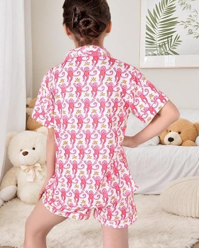 Zelbuck Girls Summer Outfit, Kids 2 Piece Button Down Monkey Beach Shorts Set Ugly Animal Y2k Preppy Loungewear Pjs thumbnail 6
