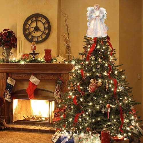 Bigking Angel Christmas Tree Topper, 12 Inches Tall, White Feather Wings and Led Lights. Christmas Tree Angel Ornament, for Home, Holiday Parties, Weddings, Christmas Celebrations. thumbnail 9